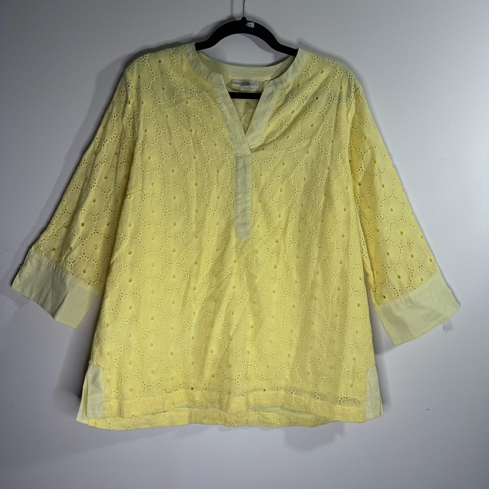 Appleseed’s Yellow Eyelet Blouse L Cotton Lace 3/4 Sleeve Top